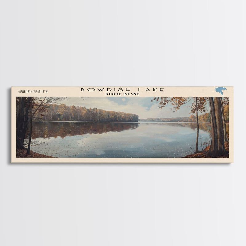 Bowdish Lake Rhode Island Framed Canvas Print, Lake House Art, Panoramic Travel Poster, Wall Art, Modern Lake Painting, Home Decor