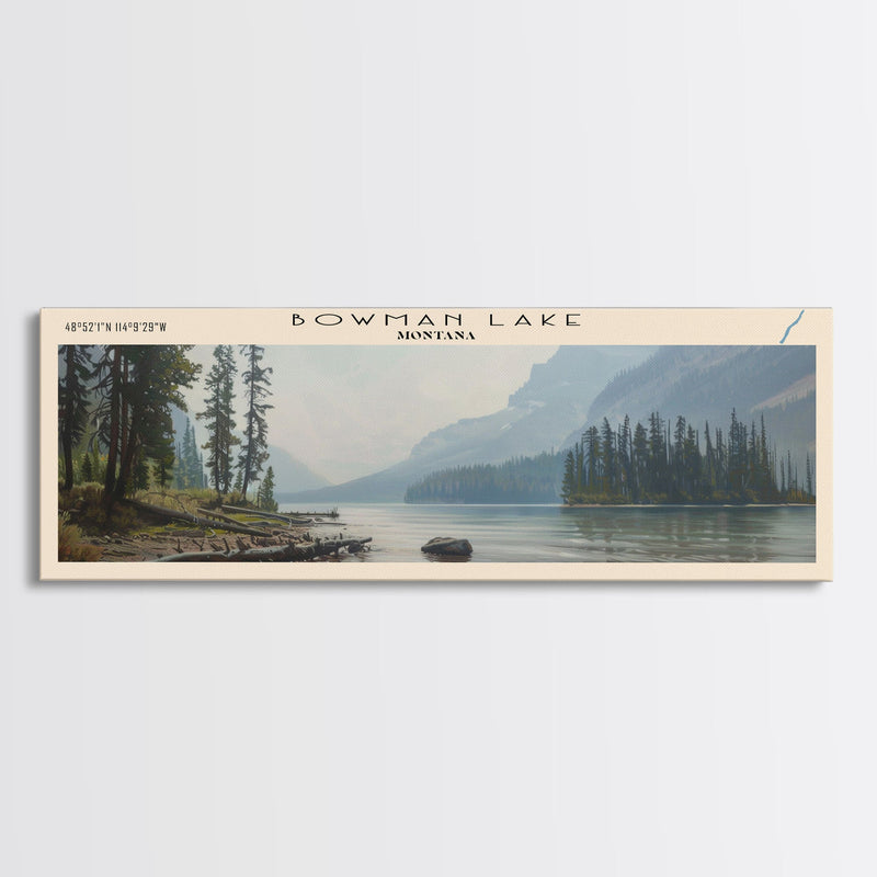 Bowman Lake Montana Framed Canvas Print, Panoramic Lake House Decor, Wall Art, Travel Poster, Rustic Lake Painting, Nature Art