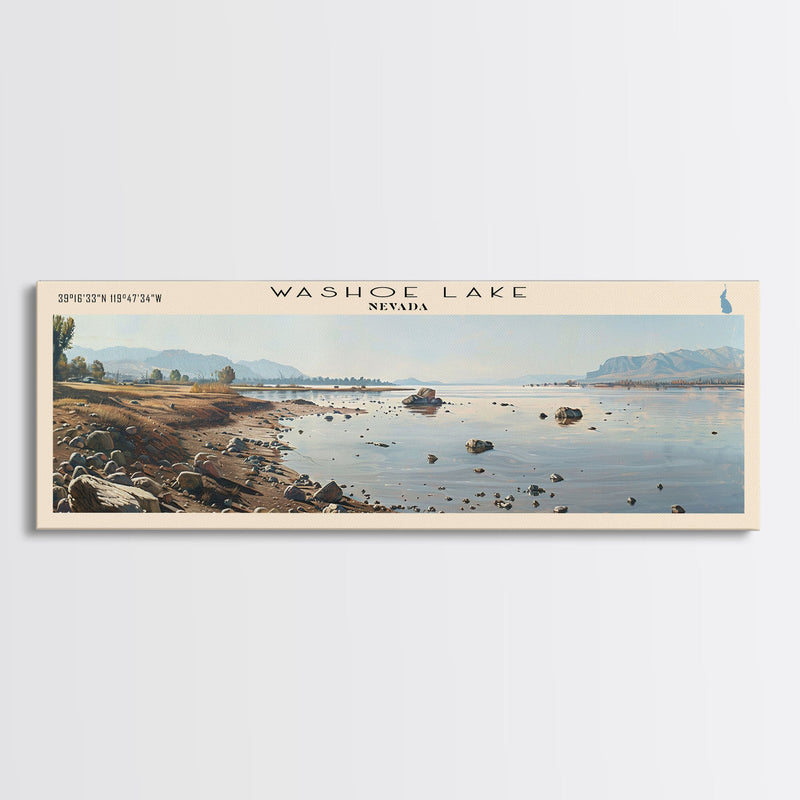 Washoe Lake Nevada Panoramic Wall Art, Framed Canvas Print, Lake House Decor, Travel Poster, Beautiful Lake Scene, Bedroom Decor