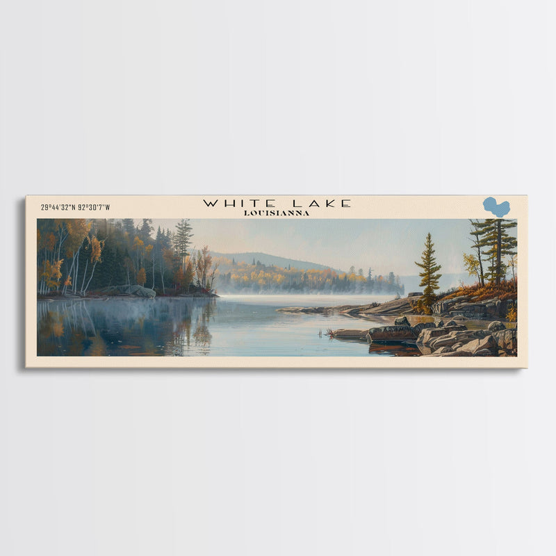 White Lake Panoramic Wall Art, Framed Canvas Print, Lake House Decor, Travel Poster, Scenic Lake Scene, Living Room Art