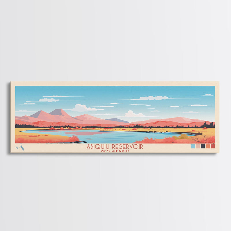 Abiquiu Reservoir New Mexico Framed Canvas Print, Panoramic Wall Art, Midcentury Modern, Pop Art, Travel Poster, Living Room Art