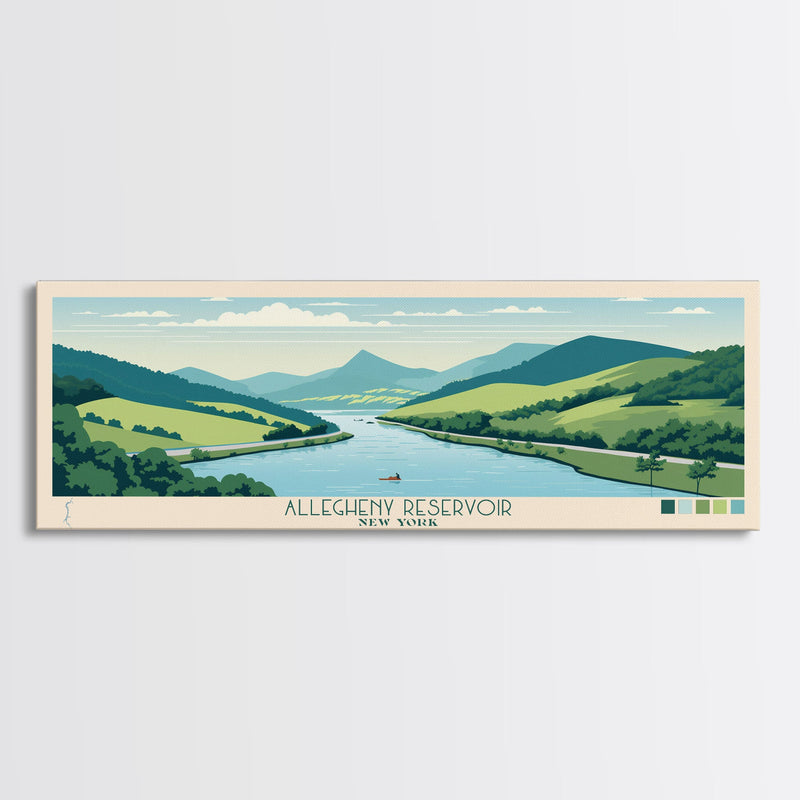 Allegheny Reservoir New York Framed Canvas Print, Panoramic Travel Poster, Pop Art, Midcentury Modern Wall Art, Lake House Art