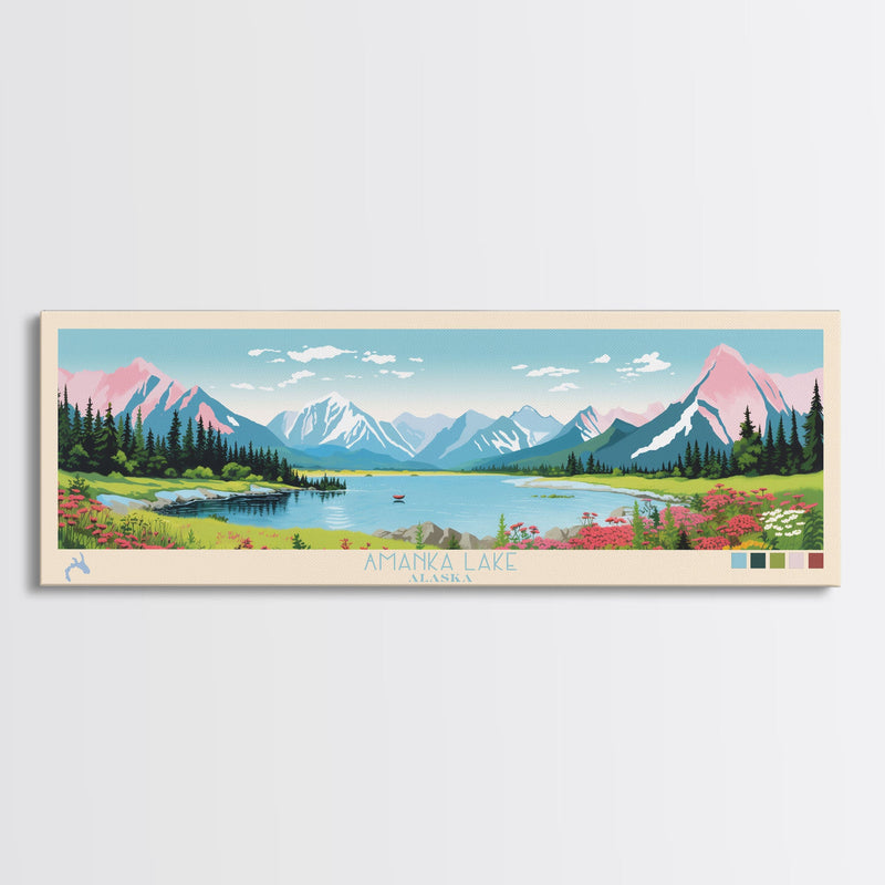 Amanka Lake Alaska Framed Canvas Print, Panoramic Wall Art, Midcentury Modern, Pop Art, Travel Poster, Living Room Art