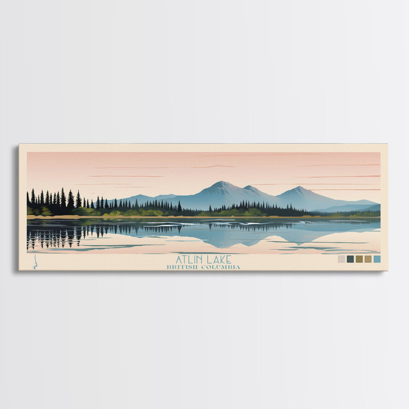 Atlin Lake British Columbia Framed Canvas Print, Panoramic Travel Poster, Midcentury Modern Wall Art, Pop Art, Bedroom Decor