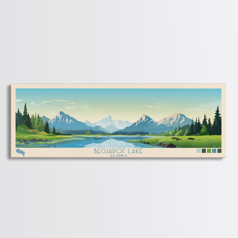 Becharof Lake Alaska Framed Canvas Print, Panoramic Travel Poster, Midcentury Modern Wall Art, Pop Art, Nature Bedroom Art, Living Room Decor