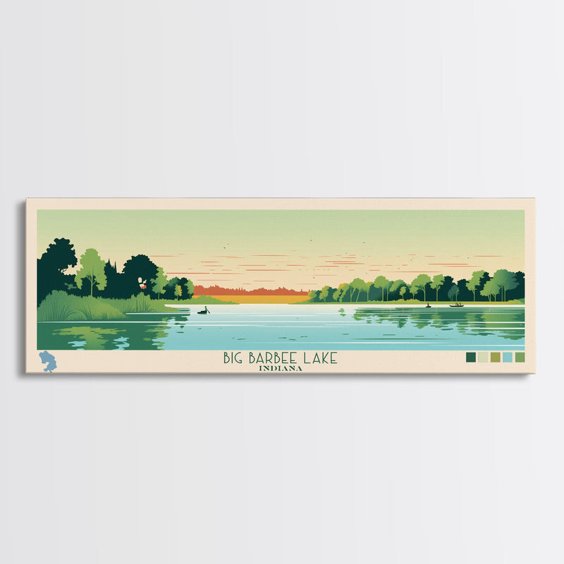 Big Barbee Lake Indiana Framed Canvas Print, Panoramic Travel Poster, Midcentury Modern Wall Art, Pop Art, Nature Living Room Art, Lake House Decor