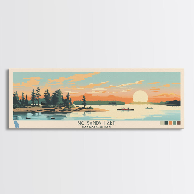 Big Sandy Lake Saskatchewan Framed Canvas Print, Panoramic Travel Poster, Midcentury Modern Wall Art, Pop Art, Lake House Decor, Nature Art