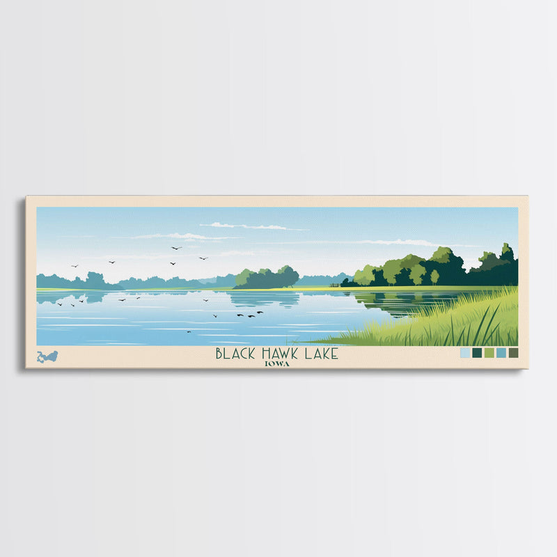 Black Hawk Lake Iowa Framed Canvas Print, Panoramic Travel Poster, Midcentury Modern Wall Art, Pop Art, Nature Bedroom Art, Scenic Lake House Decor