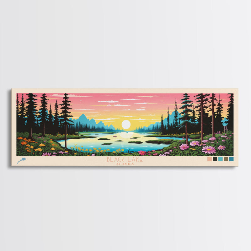 Black Lake Southwest Alaska Framed Canvas Print, Panoramic Travel Poster, Midcentury Modern Wall Art, Pop Art, Nature Bedroom Decor, Scenic Lake House Art