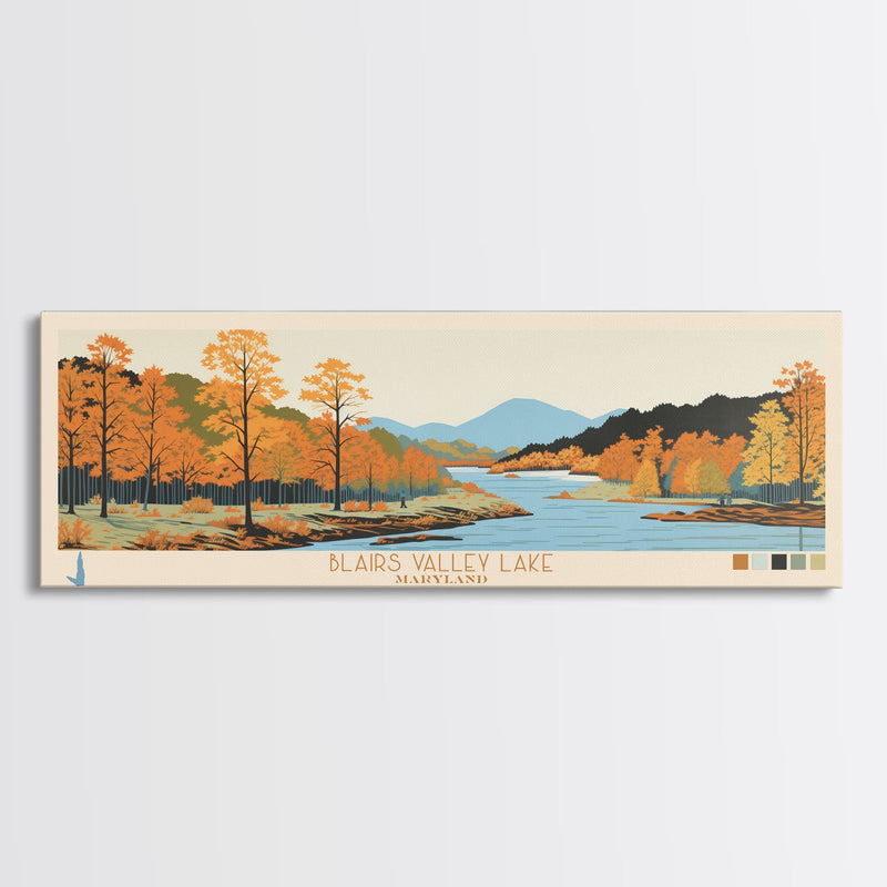 Blairs Valley Lake Maryland Framed Canvas Print, Panoramic Travel Poster, Midcentury Modern Wall Art, Pop Art, Nature Bedroom Art, Scenic Lake House Decor