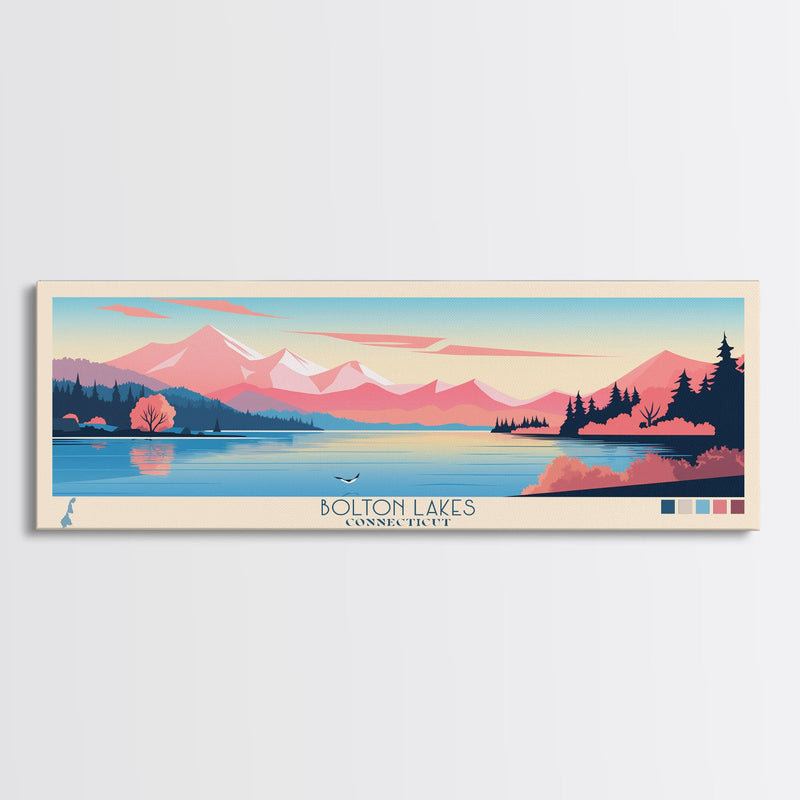 Bolton Lakes Connecticut Framed Canvas Print, Panoramic Wall Art, Midcentury Modern, Pop Art, Travel Poster, Scenic Living Room Art, Lake House Decor