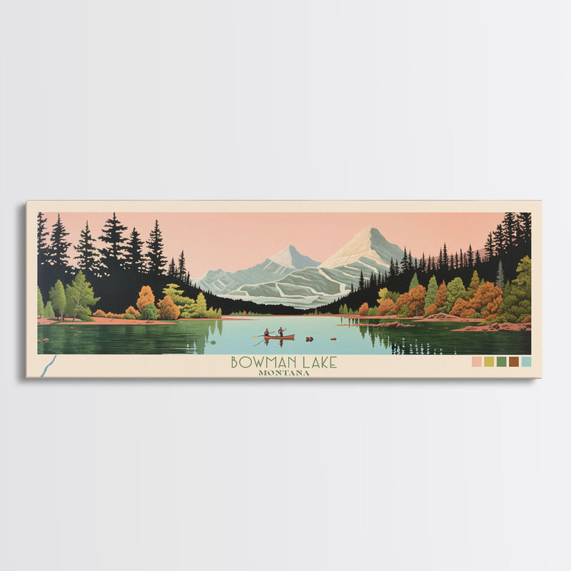 Bowman Lake Montana Framed Canvas Print, Panoramic Wall Art, Midcentury Modern, Pop Art, Travel Poster, Scenic Living Room Art, Lake House Decor