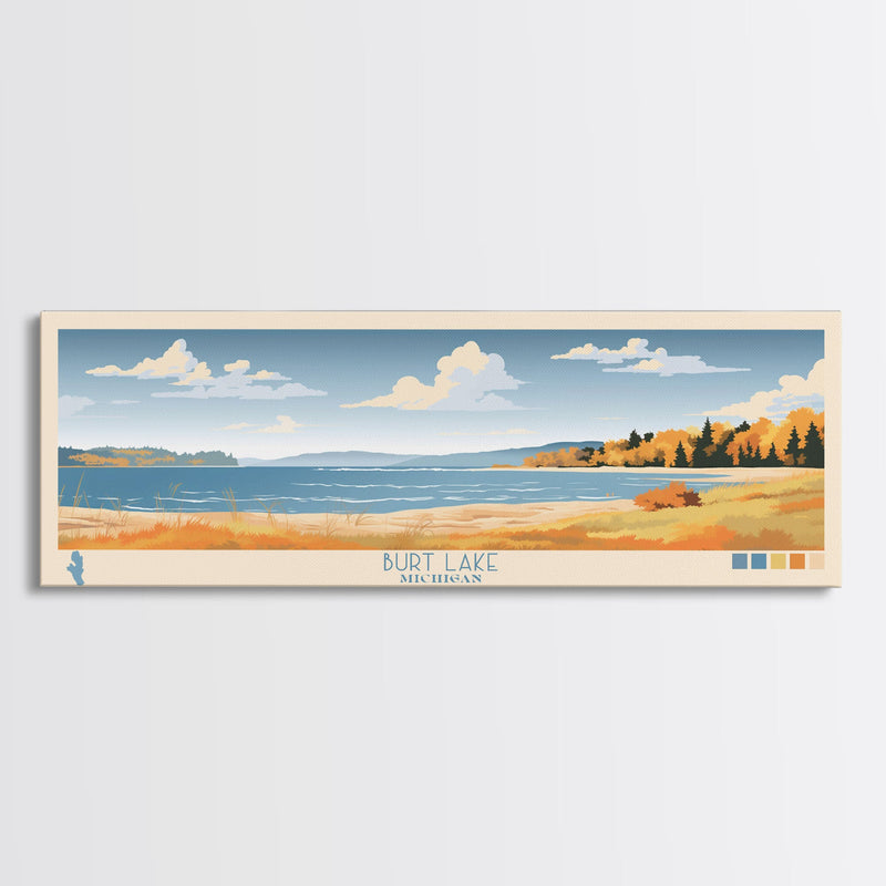 Burt Lake Michigan Framed Canvas Print, Pop Art Panoramic Travel Poster, Midcentury Modern, Wall Art, Scenic Nature Painting, Bedroom Decor