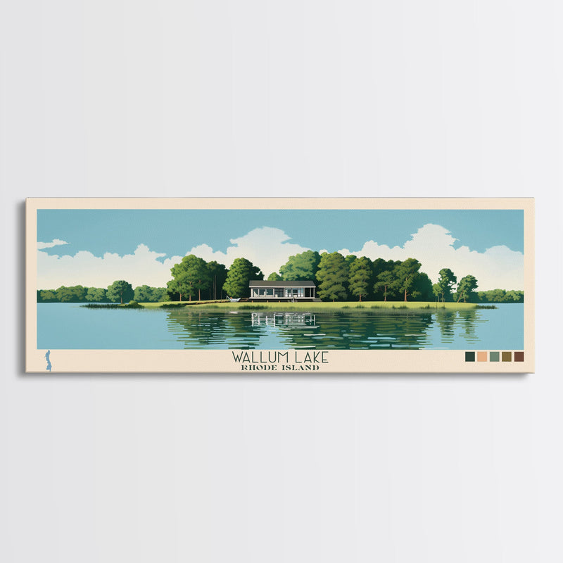 Wallum Lake, Rhode Island Framed Canvas Print, Panoramic Lake House Decor, Midcentury Modern Art, Pop Art, Travel Poster, Bedroom Wall Art