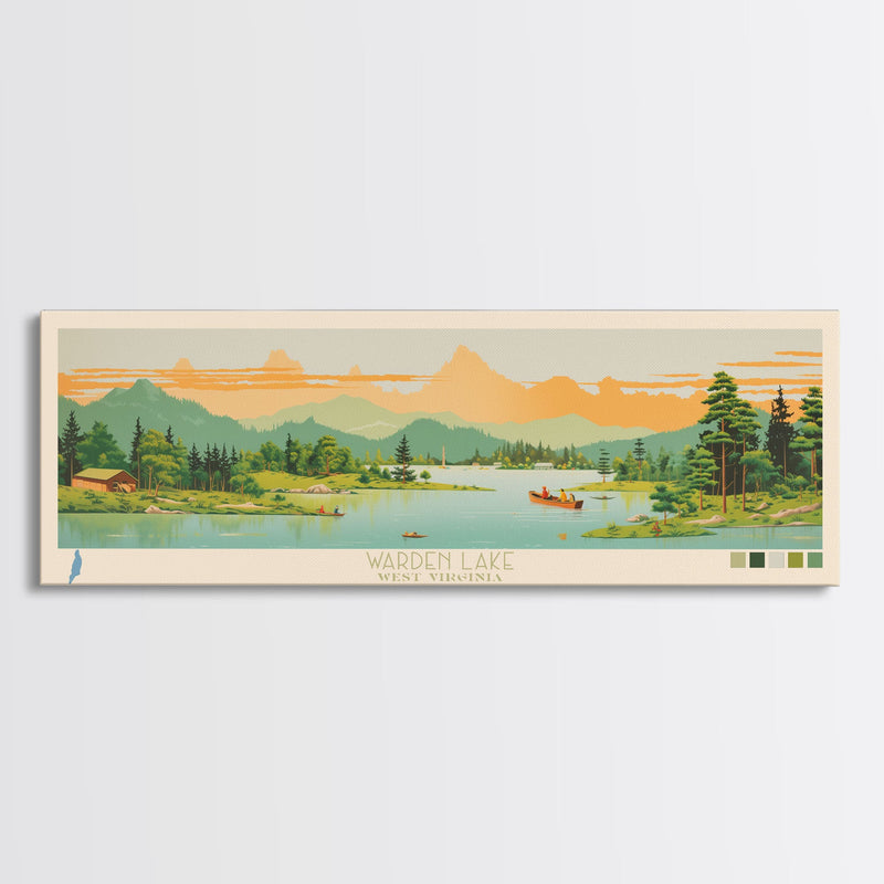 Warden Lake, West Virginia Framed Canvas Print, Panoramic Lake House Art, Midcentury Modern Decor, Pop Art, Travel Poster, Living Room Wall Art