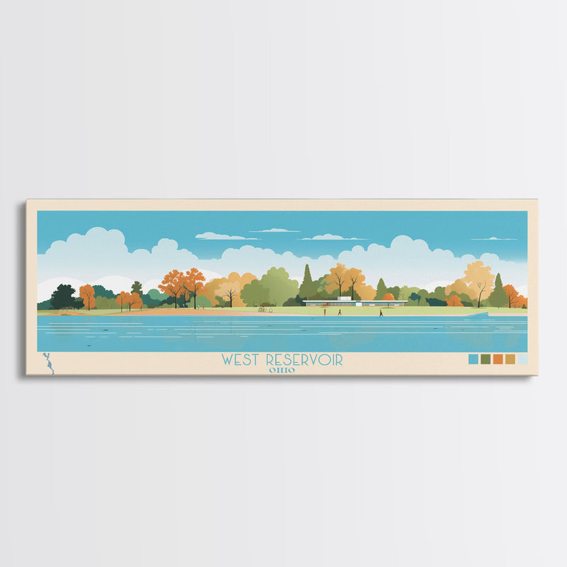 West Reservoir, Ohio Framed Canvas Print, Panoramic Lake House Decor, Midcentury Modern Art, Pop Art, Travel Poster, Living Room Wall Art