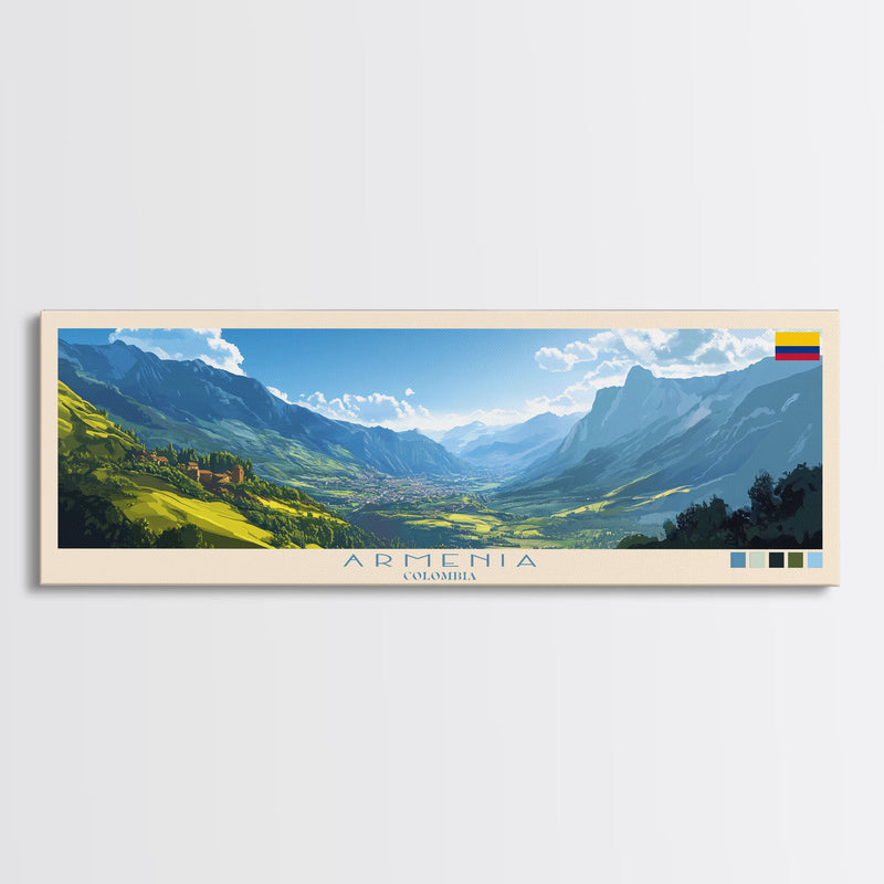 Armenia, Colombia Panoramic Travel Poster Canvas Print, Armenia, Colombia Painting, Colombia Art, Armenia Panoramic Travel Art, Travel Painting