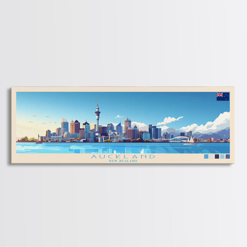 Auckland, New Zealand Panoramic Travel Poster Canvas Print, Auckland, New Zealand Painting, New Zealand Art, Auckland Travel Art, Guest Room Painting