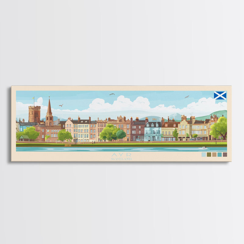 Ayr, Scotland Panoramic Travel Poster Canvas Print, Ayr, Scotland Painting, Scotland Art, Ayr Travel Art, Living Room Painting