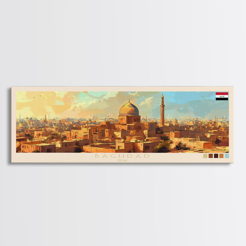 Baghdad, Iraq Panoramic Travel Poster Canvas Print, Baghdad, Iraq Painting, Iraq Art, Baghdad Panoramic Travel Art, Travel Painting