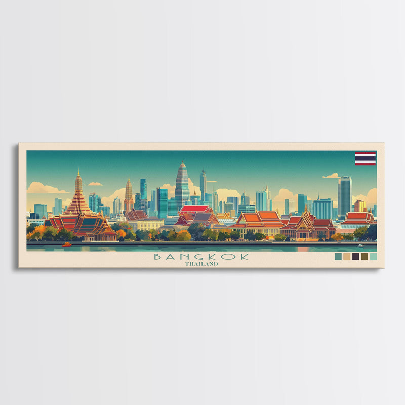 Bangkok, Thailand Travel Poster Panoramic Canvas Print, Bangkok, Thailand Painting, Thailand Art, Bangkok Travel Art, Guest Room Painting