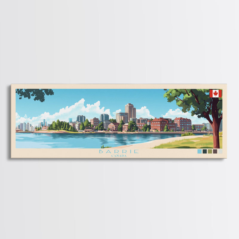 Barrie, Canada Panoramic Travel Poster Canvas Print, Barrie, Canada Painting, Canada Art, Barrie Panoramic Travel Art, Travel Painting