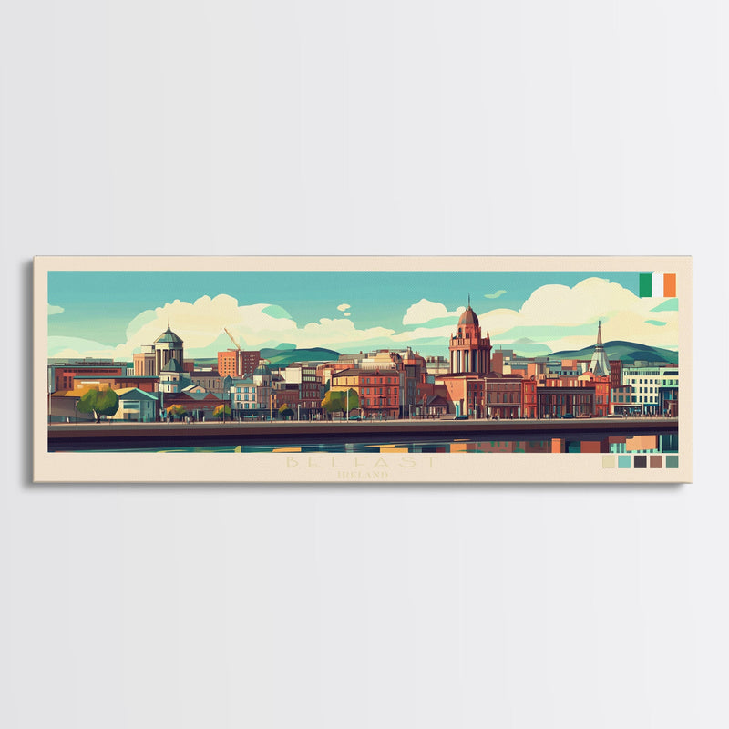 Belfast, Ireland Travel Poster Panoramic Canvas Print, Belfast, Ireland Painting, Ireland Art, Belfast Travel Art, Guest Room Painting