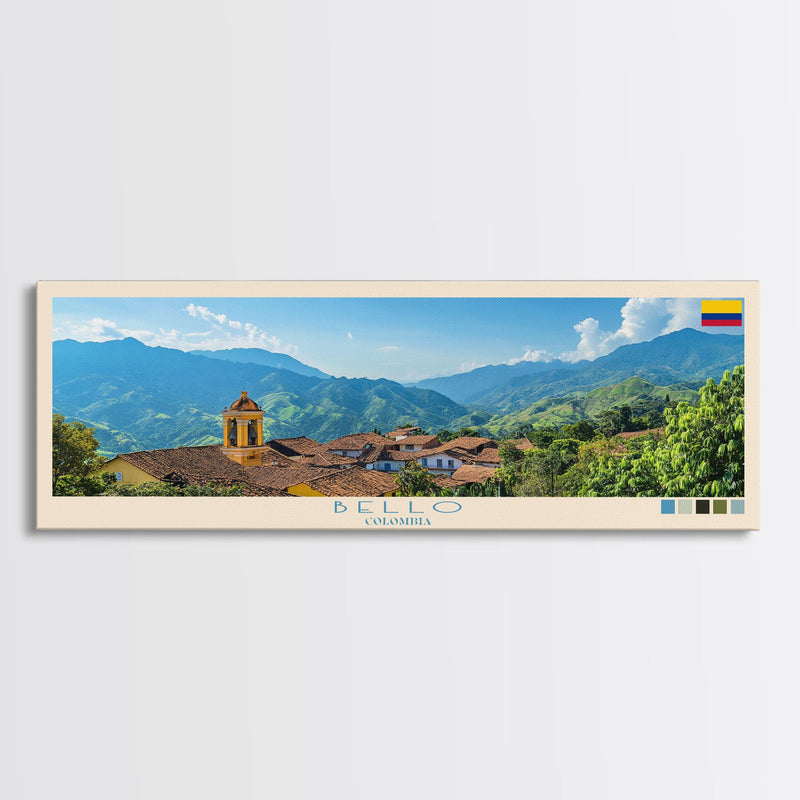 Bello, Colombia Panoramic Travel Poster Canvas Print, Bello, Colombia Painting, Colombia Art, Bello Panoramic Travel Art, Travel Painting