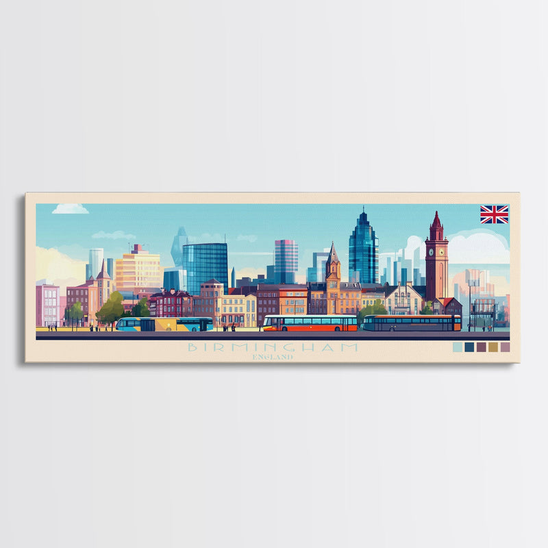 Birmingham, England Travel Poster Panoramic Canvas Print, Birmingham, England Painting, England Art, Birmingham Travel Art, Guest Room Painting