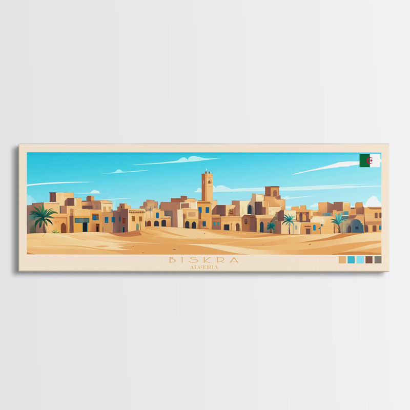 Biskra, Algeria Panoramic Travel Poster Canvas Print, Biskra, Algeria Painting, Algeria Art, Biskra Travel Art, Guest Room Painting