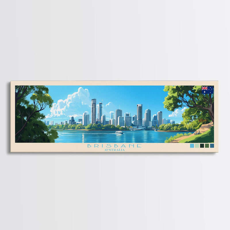 Brisbane, Australia Travel Poster Panoramic Canvas Print, Brisbane, Australia Painting, Australia Art, Brisbane Travel Art, Guest Room Painting