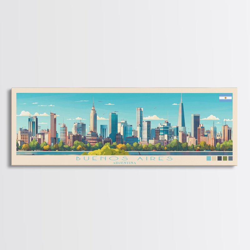 Buenos Aires, Argentina Panoramic Travel Poster Canvas Print, Buenos Aires, Argentina Painting, Argentina Art, Buenos Aires Panoramic Travel Art, Travel Painting