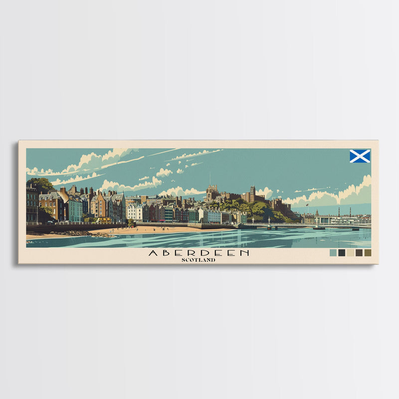 Aberdeen, Scotland Panoramic Canvas Print, Aberdeen, Scotland Painting, Scotland Art, Aberdeen Travel Poster, Travel Art, Vacation Gift