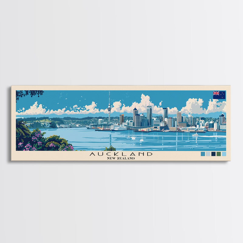 Auckland, New Zealand Panoramic Canvas Print, Auckland, New Zealand Painting, New Zealand Art, Auckland Travel Poster, Travel Art, Vacation Gift