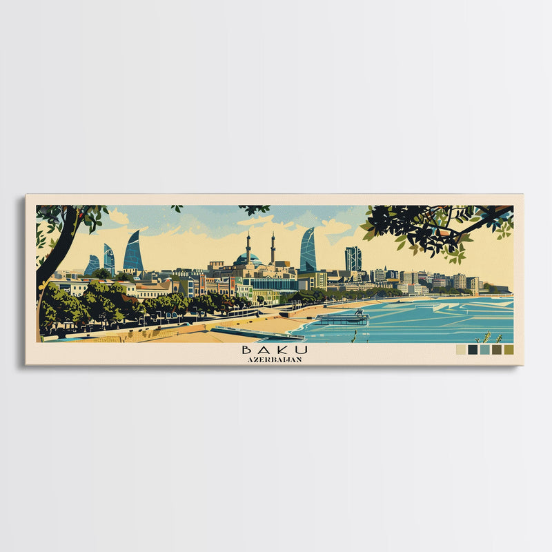 Baku, Azerbaijan Panoramic Canvas Print, Baku, Azerbaijan Painting, Azerbaijan Art, Baku Travel Poster, Travel Art, Living Room Painting