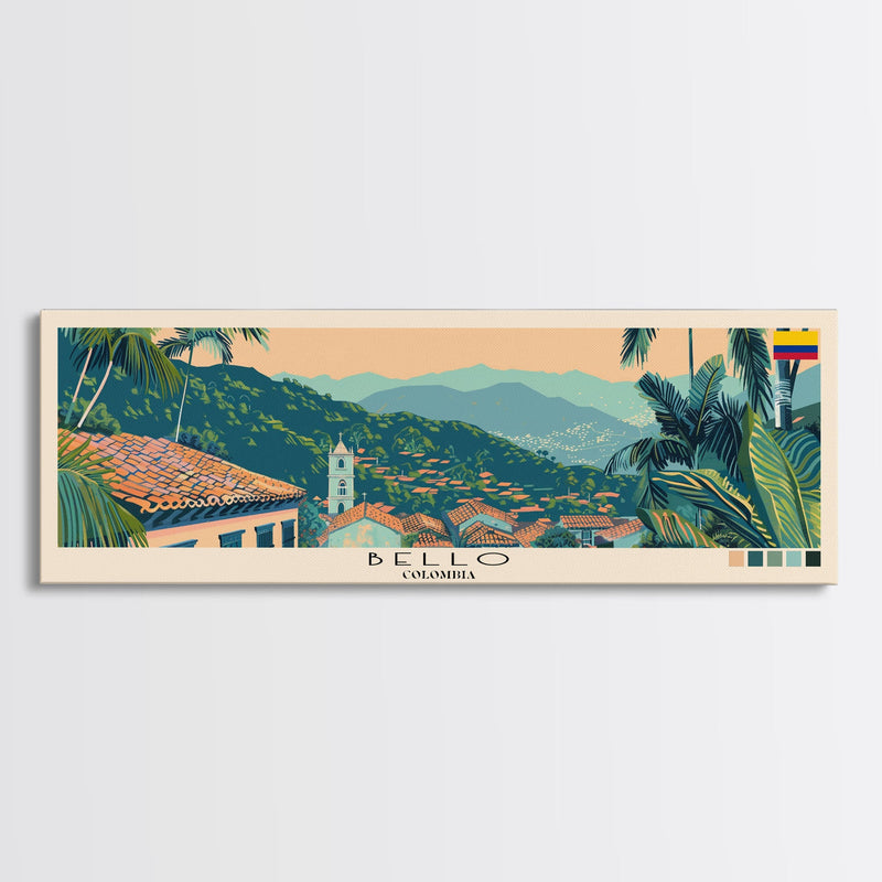 Bello, Colombia Panoramic Canvas Print, Bello, Colombia Painting, Colombia Art, Bello Travel Poster, Travel Art, Living Room Painting