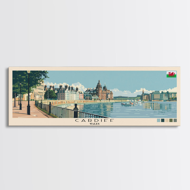 Cardiff, Wales Panoramic Canvas Print, Cardiff, Wales Painting, Wales Art, Cardiff Travel Poster, Travel Art, Guest Room Painting