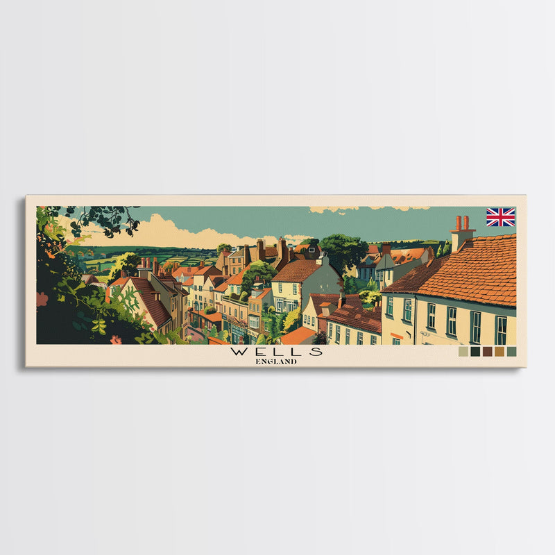 Wells, England Panoramic Canvas Print, Wells, England Painting, England Art, Wells Travel Poster, Travel Art, Guest Room Painting