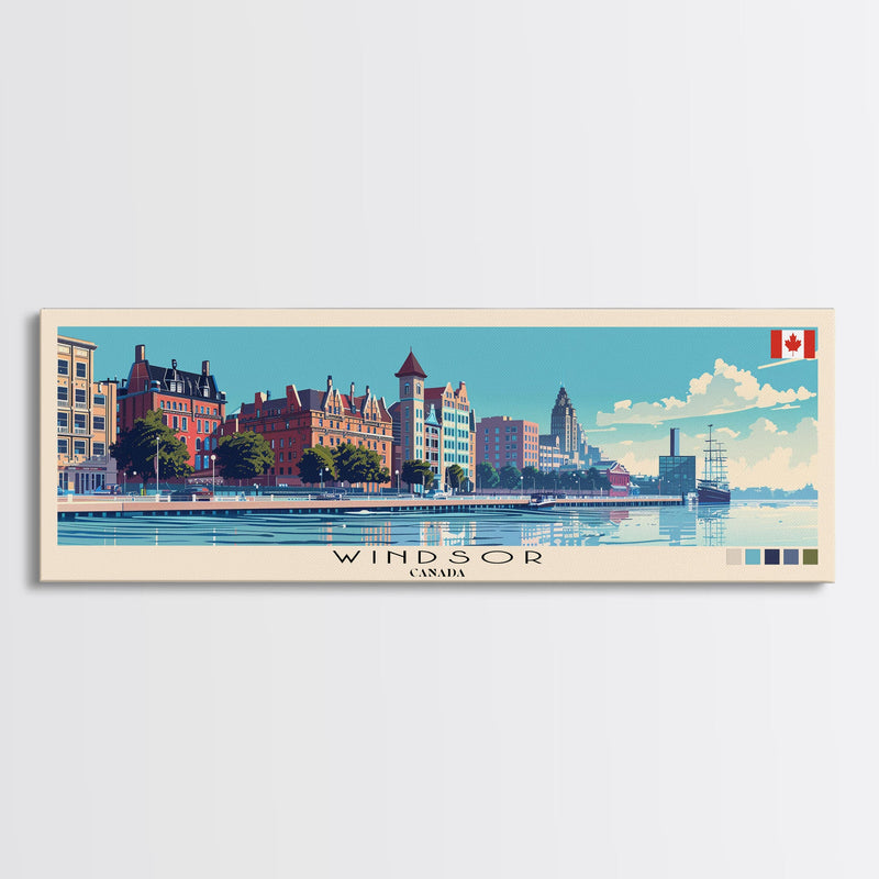 Windsor, Canada Panoramic Canvas Print, Windsor, Canada Painting, Canada Art, Windsor Travel Poster, Travel Art, Guest Room Painting