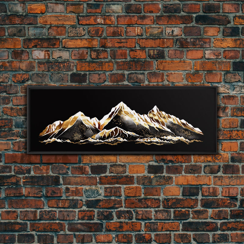 Black & Gold Mountain Landscape Painting, Framed Canvas Print, Panoramic Art, Extra Wide Art, Center Piece Decor, 24 x 72 Art, Huge Art