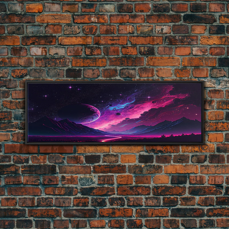 Beautiful Science Fiction Wall Art, Synthwave Style Scifi Art, Framed Canvas Print, Panoramic Alien Worlds and Star Filled Night Sky