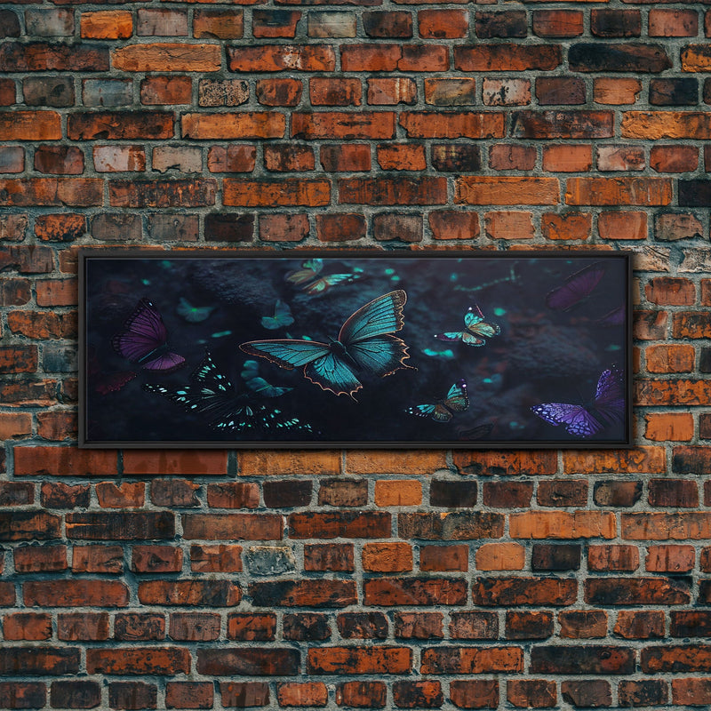 Blue Butterflies, Framed Canvas Print, Bioluminescent Glowing Butterfly Art, Framed Wall Art