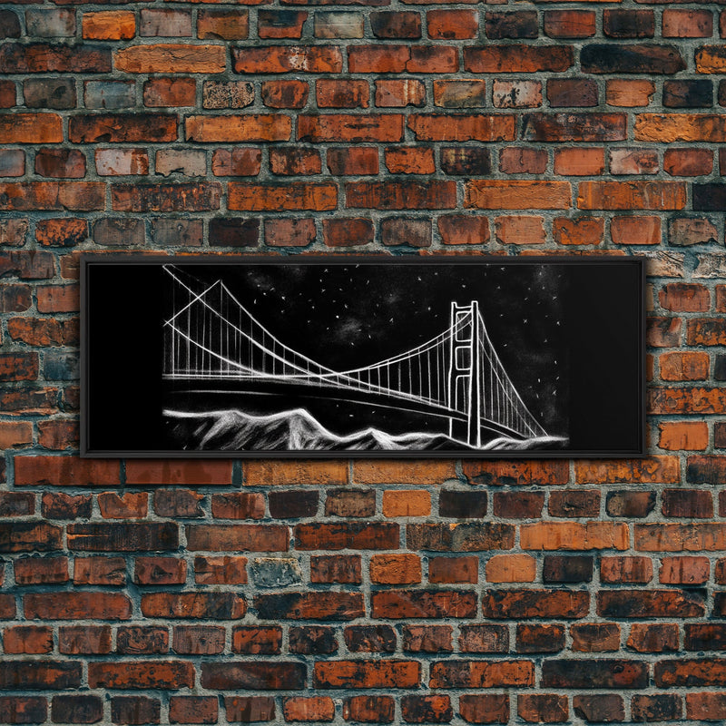 Black And White Suspension Bridge Canvas Print, Large Urban Art Print, Line Art, Chalk Wall Decor, Panoramic, Wall Art, Canvas Print