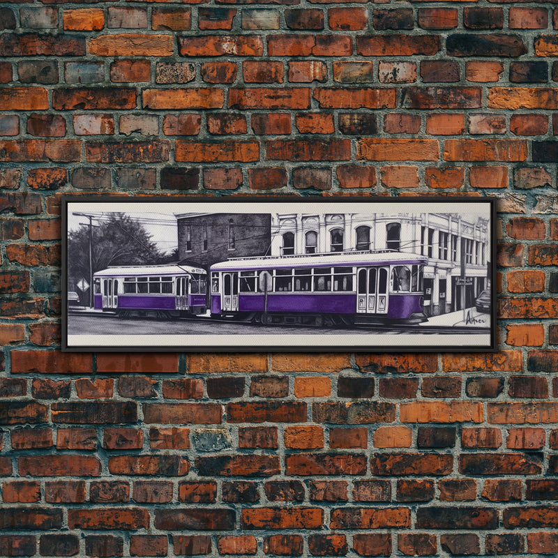 Purple Streetcar Art Print, Urban Art, Wall Decor, Color Pop, Wall Decor, Urban Framed Canvas Print, Panoramic, Wall Art, Canvas Print