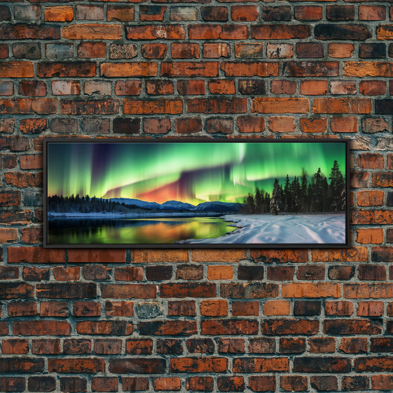 Aurora Borealis, Northern Lights Panoramic Framed Canvas Print, Beautiful Winter Wonderland Landscape Painting