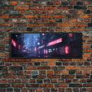Neon Tokyo Streets, Futuristic Cyberpunk Cityscape Painting Framed Canvas Print, Game Room Decor, Framed Wall Art