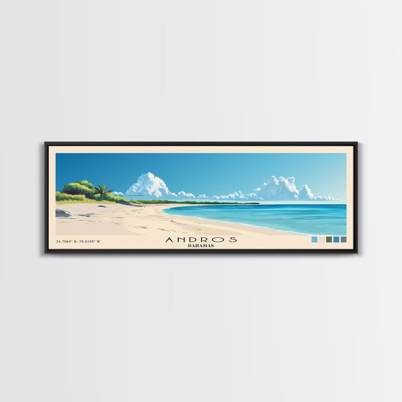 Andros, Bahamas Panoramic Beach Print, Vacation Gift, Bahamas Wall Art, Framed Canvas Print, Framed Beach Painting