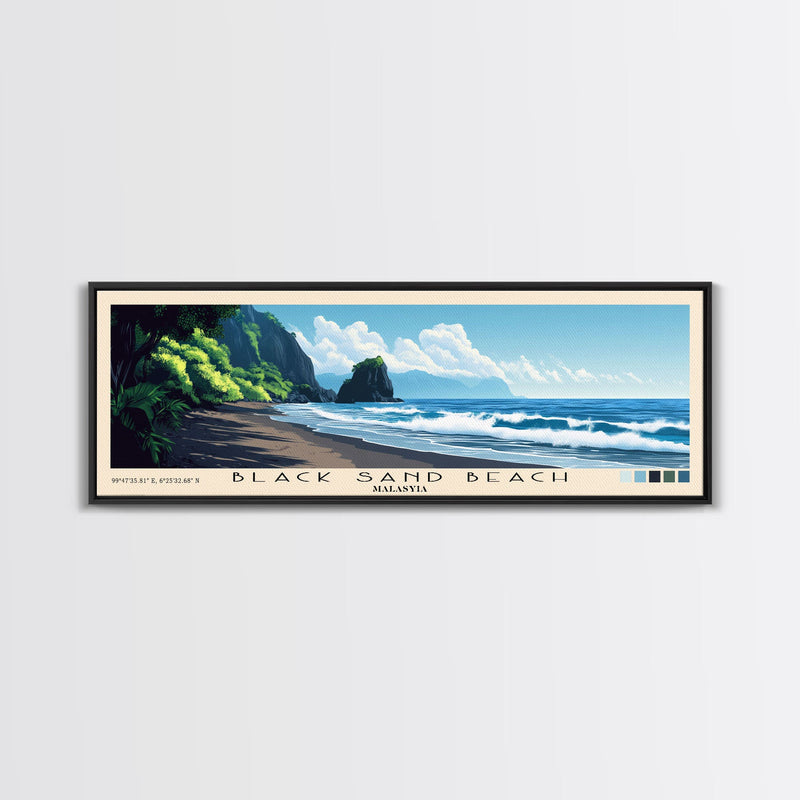 Black Sand Beach, Malasyia Panoramic Beach Print, Vacation Gift, Malasyia Wall Art, Framed Canvas Print, Framed Beach Painting