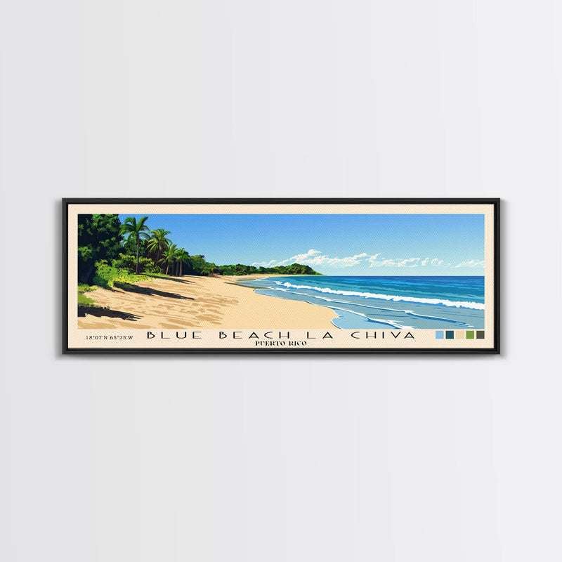 Blue Beach La Chiva, Puerto Rico Panoramic Beach Print, Vacation Gift, Puerto Rico Wall Art, Framed Canvas Print, Framed Beach Painting