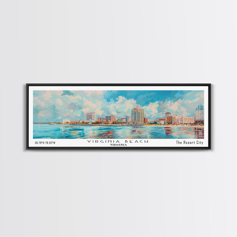 Virginia Beach Virginia Panoramic Painting, Framed Canvas Print, Retro Style Travel Poster, Unique Home Decor, Artistic Office Wall Art